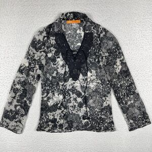 Cynthia Steffe Shirt Womens Small Black Blue Blouse Sheer‎ Crochet Career USA